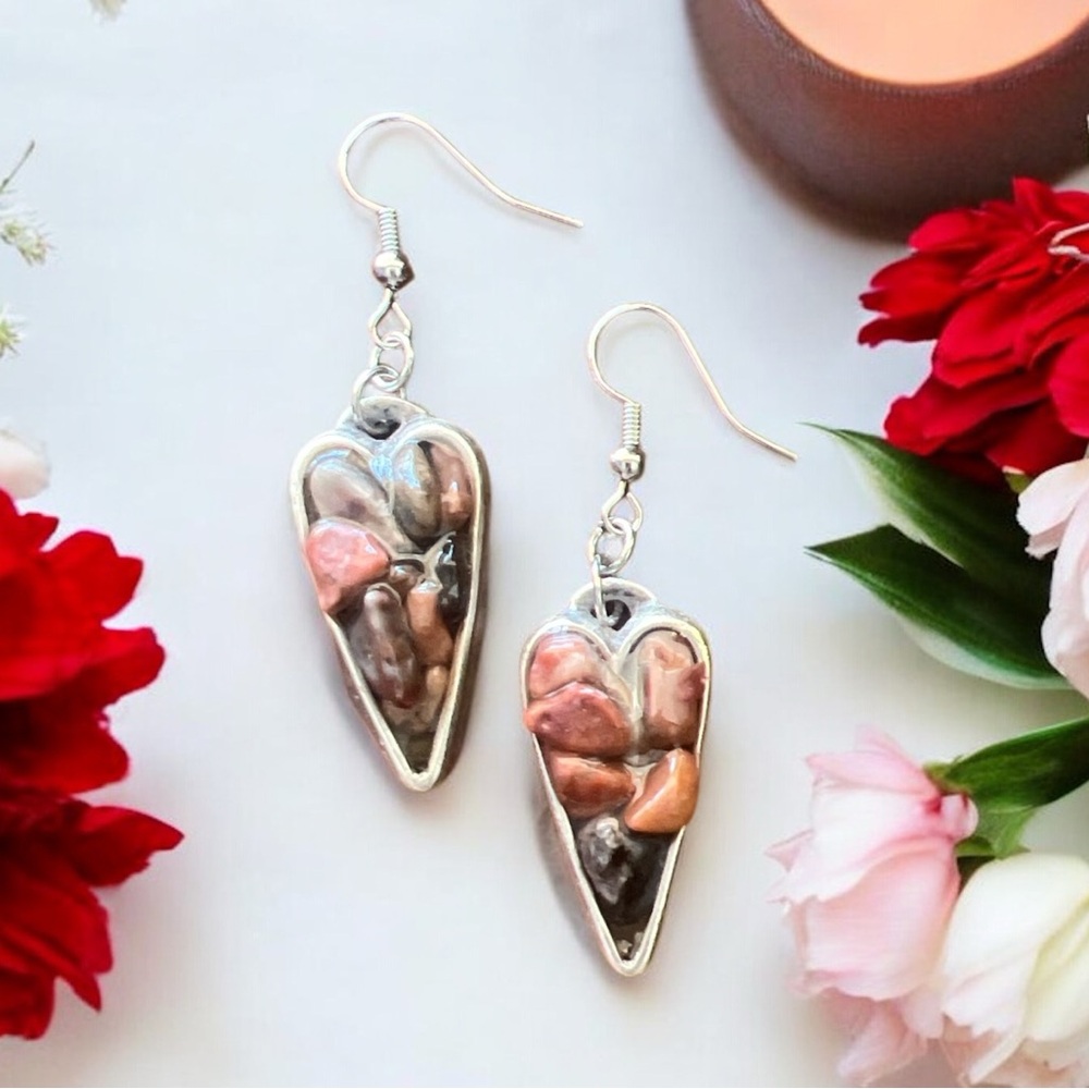Silver and Pink Heart-Shaped Earrings